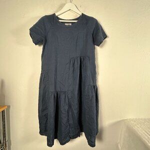 Visible Art Womens Blue Linen Short Sleeve Tiered Dress Large Pullover Casual